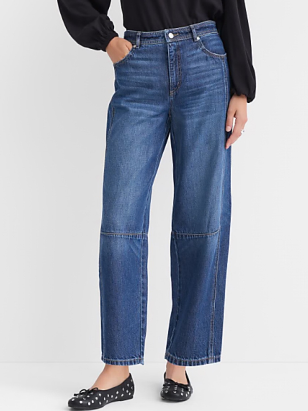 LOFT High Rise Barrel Jeans in Dark Wash.